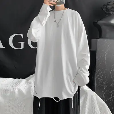 Men White Long Sleeve Holes T-Shirt 2024
