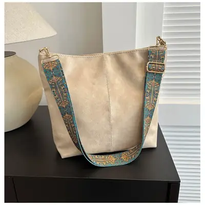 Vintage Brown Leather Shoulder Bag with Blue Patterned Strap