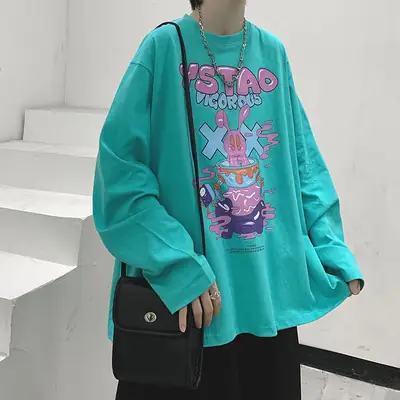 Long Sleeve Cartoon Print T-Shirt Turquoise Loose Fit