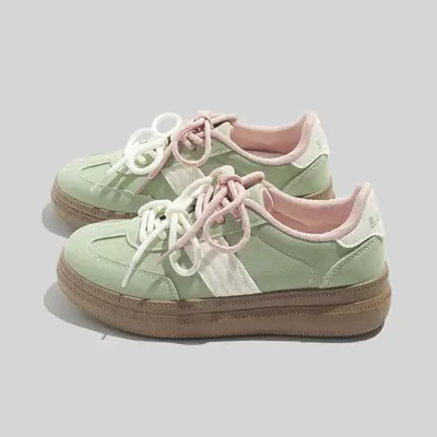 Women's White Lace-up Sneakers with Brown Sole