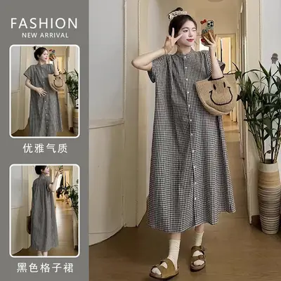 Pregnant women's clothing retro art plaid shirt long short sleeve A word women's spring 2024 new loose dress