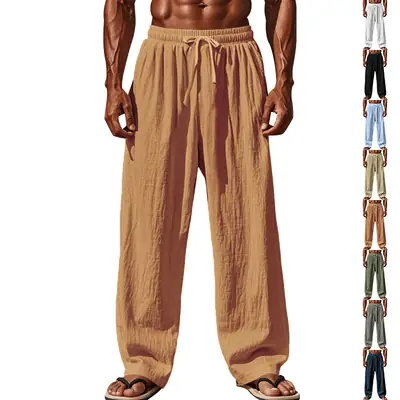 Men Cotton Linen Wide Leg Pants Brown Spring Fall