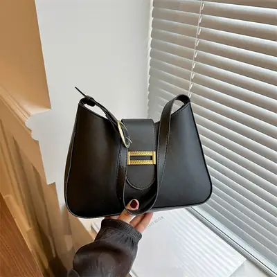 Black Women's Shoulder Crossbody Bag with Gold Clasp