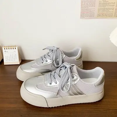 Women's White Round Toe Mesh Sneakers with Thick Sole