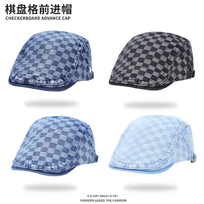 Men's Dark Gray Checkerboard Denim Cap Forward Sunshade