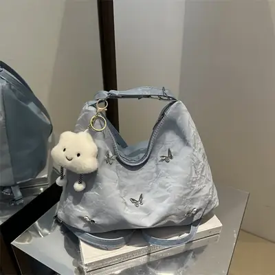 White Leather Butterfly Shoulder Bag with Butterfly Embroidery