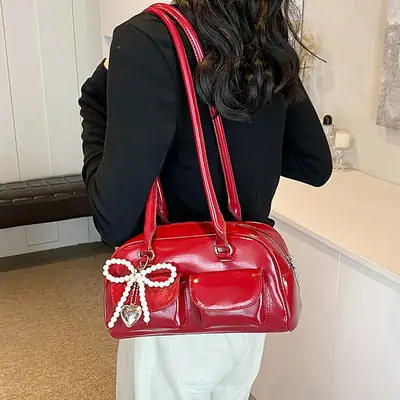 Red Pearl Bow Shoulder Bag for Women