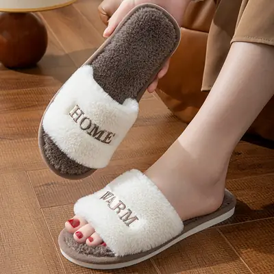 New Winter Indoor and Outdoor Plush Warm One-Word Cotton Slippers for Women Creative Stylish Embroidered Soft-Soled Confinement Shoes Autumn