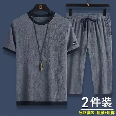 Men Ice Silk Short Sleeve T-Shirt & Pants Set Black 2024