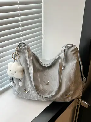 Women's Creamy Soft Shoulder Bag with Pom Pom Design