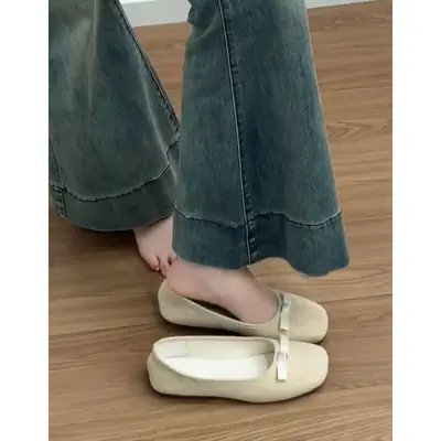 Women's Yellow Bow Flat Shoes Blue Strap