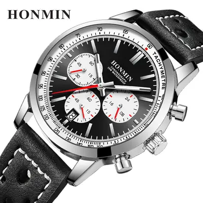 Honmin Six-Pin Chronograph Watch Men Black Leather Belt