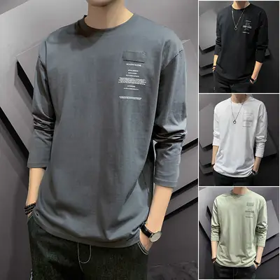 Men Black Long Sleeve T-Shirt Round Neck Korean Print