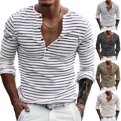 Men's Black White Striped Long Sleeve Henley T-Shirt