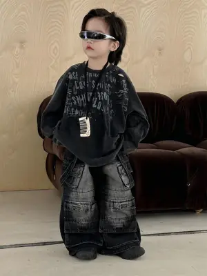 2025 Boys Cotton T-Shirt Set Loose Casual Grey Pants