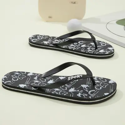 Men Printed Beach Flip Flops Black White