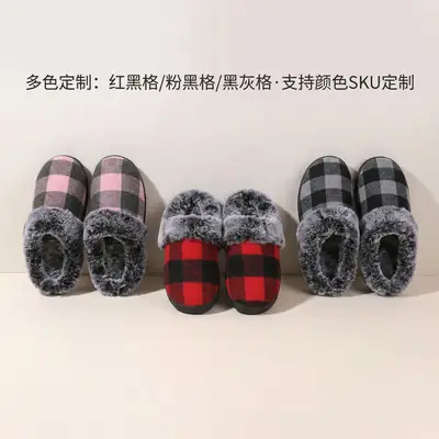 Cross-Border Wholesale Furry Slippers, Plaid Fleece-Lined Cotton Slippers, Non-Slip Thickened Winter Cotton Slippers for Home Use, Factory Customization