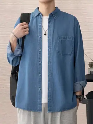 Men's Blue Denim Long Sleeve Shirt Spring Autumn Japanese Style