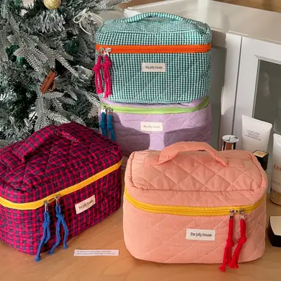 Pink Quilted Cosmetic Bag for Women Large Capacity Travel Bag
