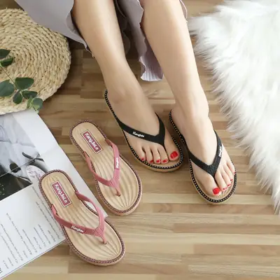 Women's Green Straw Flip Flops Summer Non-Slip
