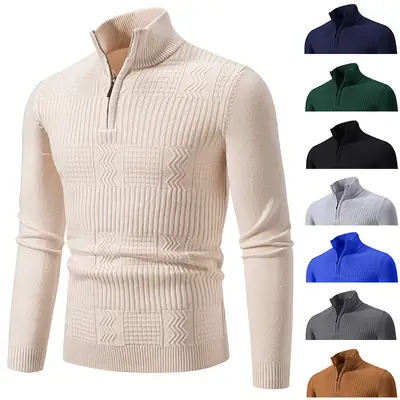 Men's Navy Solid Collar Pullover Sweater