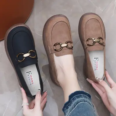 Women's Black Leather Slip-On Loafers with Gold Chain