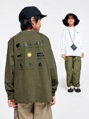 Kids Cotton Long Sleeve T-Shirt Green Cargo Pants Set