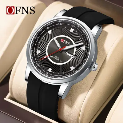 Men's Black Quartz Watch with Red Dial & Waterproof Strap