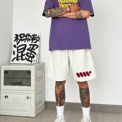 Men Cotton Four-point Shorts Purple White Large