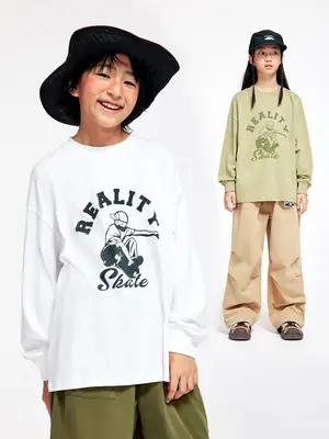 Long Sleeve T-Shirt for Girls Boys Pure Cotton Beige