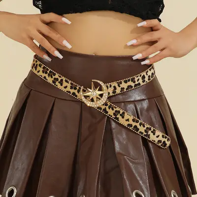 Women's Leopard Print Rhinestone Belt with Star Buckle