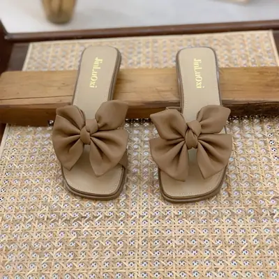 Women Bow Wedge Slippers White Soft Bottom