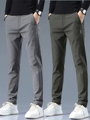 Men's Slim Fit Straight Trousers Grey Olive Winter Thickened