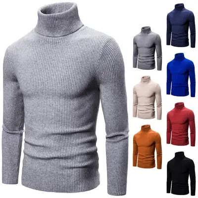 Men's Warm Turtleneck Sweater Brown Ribbed Slim Fit