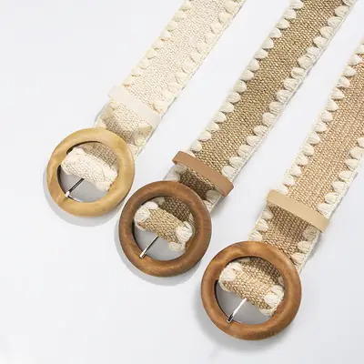 Women's Straw Wool Belt with Wooden Buckle