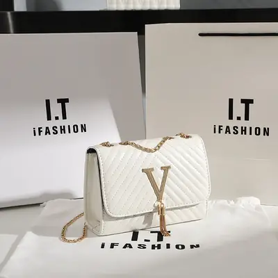 Women's Black Striped Embroidered Square Chain Bag