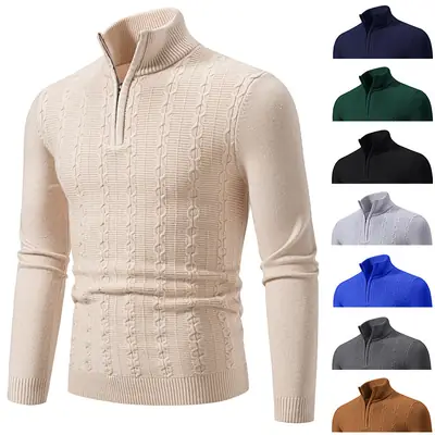 Men's Knit Collar Pullover Sweater Beige Plus Size