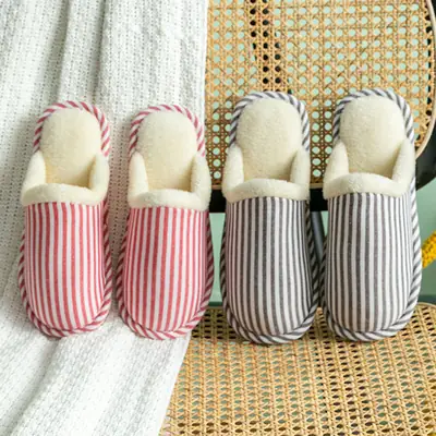 Cotton Striped Slippers Women Winter Warm Indoor