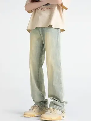 Men's Yellow Mud Washed Loose Wide-leg Pants