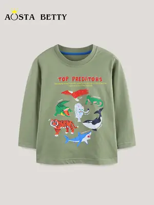 Boy's Long Sleeve T-Shirt Green Cartoon Print