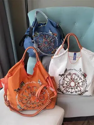 Japanese Embroidery Black Nylon Handbag Orange