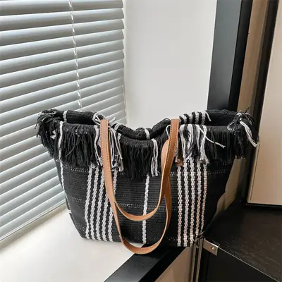 Women's Black White Plaid Canvas Tote Bag with Tassel Handles