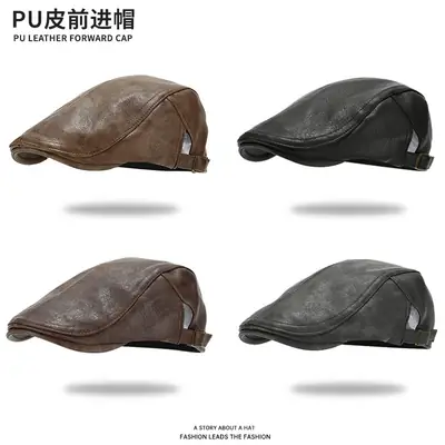Men's Black Leather Peaked Hat Autumn Winter