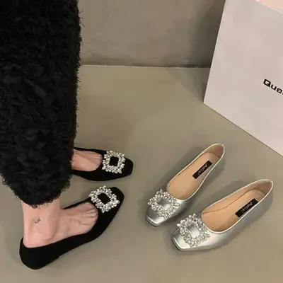 Flat silver High-end Square Head Rhinestone Shoes Women's 2025 New Spring Black Commuter Square Buckle Bean Shoes