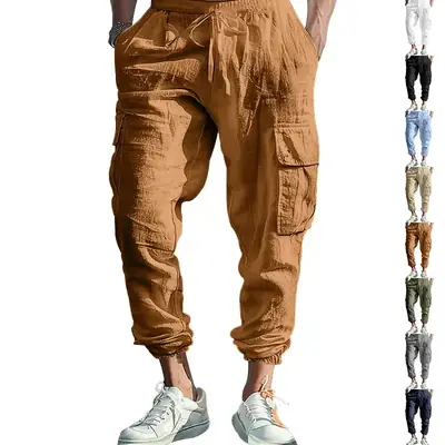 Men's Gray Drawstring Multi-Pocket Wide Tube Pants