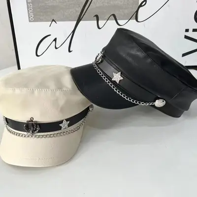 2024 Retro Navy PU Cap for Girls with Chain & Duck Tails