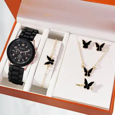 New Women's Butterfly Watch & Jewelry Set Black Gold