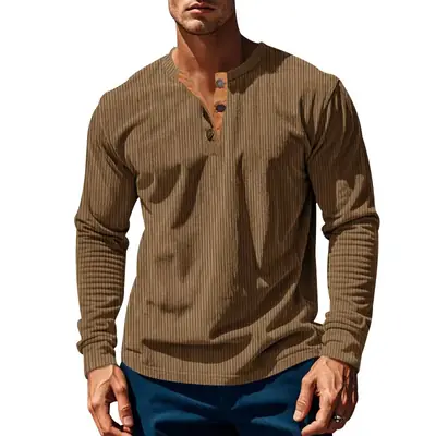 Men's Long Sleeve Corduroy T-Shirt Brown Four Button