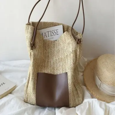 Ins Vintage Woven Straw Tote Bag Brown Shoulder Bag