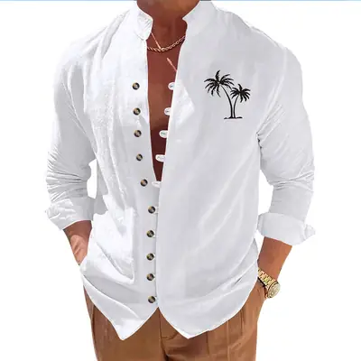 Black Long Sleeve Collar Shirt with Blue Coconut Tree Print